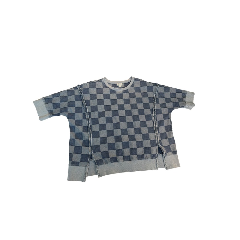 BiBi Blue Checkered Raw Seam Short Sleeve Boxy Sweatshirt XL IP9872G-25